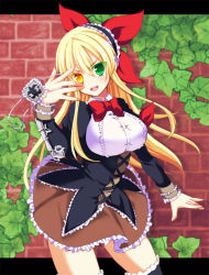 Rule 34 | 1girl, :d, bad id, bad pixiv id, blonde hair, bow, breasts, brick wall, brown skirt, chuunibyou, cowboy shot, eyepatch, unworn eyepatch, flower knight girl, frills, green eyes, hair ribbon, hairband, heterochromia, impossible clothes, ivy, ivy (flower knight girl), large breasts, leaf, letterboxed, long hair, looking at viewer, meme attire, nachisuke (nachi comic), name connection, object namesake, open mouth, red bow, red ribbon, ribbon, skirt, smile, solo, underbust, virgin killer outfit, yellow eyes