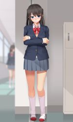 Rule 34 | 2girls, black hair, black jacket, blazer, blue eyes, blurry, blurry background, blush, bow, bowtie, buttons, collared shirt, crossed arms, day, eto, full body, grey skirt, hallway, highres, indoors, jacket, kneehighs, long sleeves, looking at viewer, looking to the side, miniskirt, multiple girls, original, pleated skirt, school uniform, shirt, shoes, skirt, socks, solo focus, standing, striped bow, striped bowtie, striped clothes, striped neckwear, sweater vest, two side up, uwabaki, white shirt, white socks, window, wing collar