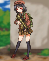 Rule 34 | 1girl, anime coloring, assault rifle, backpack, bag, black hair, black thighhighs, blazer, blurry, blurry background, brown footwear, brown hat, brown jacket, brown skirt, buttoned cuffs, buttons, closed mouth, collared shirt, commentary request, enohito84, flat cap, fn scar, full body, gun, hat, highres, holding, holding gun, holding weapon, jacket, leaning, long sleeves, looking at viewer, miniskirt, necktie, over-kneehighs, plaid, plaid skirt, pleated skirt, pointy ears, red eyes, rifle, shameimaru aya, shameimaru aya (newsboy), shirt, shoes, short hair, skirt, smile, solo, standing, strap, thighhighs, touhou, weapon, white shirt