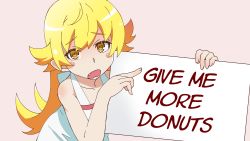 Rule 34 | 1girl, bakemonogatari, bare shoulders, blonde hair, blush, blush stickers, d:, dress, english text, fang, fooring, highres, holding, holding sign, long hair, looking at viewer, monogatari (series), open mouth, oshino shinobu, pointing, pointy ears, sign, simple background, solo, white dress, worried, yellow eyes