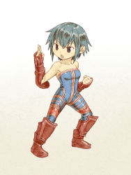Rule 34 | 1girl, armor, bad id, bad pixiv id, bare shoulders, blue hair, extra, fighting stance, final fantasy, final fantasy tactics, gauntlets, greaves, mahou shoujo madoka magica, mahou shoujo madoka magica (anime), monk (fft), oda takayuki, parody, short hair, simple background, solo, white background