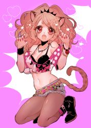 Rule 34 | 1girl, animal ears, bad id, bad pixiv id, bare shoulders, belt, big hair, black bra, black footwear, blush, bra, breasts, brown pantyhose, cat ears, cat tail, citti (show by rock!!), claw pose, copyright request, fang, grey shorts, hands up, jewelry, kneeling, large breasts, lion ears, lion tail, looking at viewer, mamaloni, midriff, nail polish, navel, necklace, open mouth, pantyhose, ponytail, red eyes, red nails, shoes, short shorts, shorts, show by rock!!, solo, tail, underwear