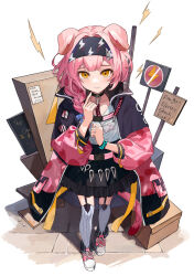 Rule 34 | 1girl, absurdres, animal ears, arknights, belt, black choker, black headband, black jacket, black skirt, black wristband, blue ribbon, blush, box, braid, brick floor, cat ears, cat girl, cat tail, chinese commentary, choker, closed mouth, collarbone, collared jacket, commentary request, dot nose, english text, floppy ears, frilled skirt, frills, goldenglow (arknights), grey socks, hair intakes, hair ribbon, headband, highres, id card, jacket, kneehighs, lanyard, legwear garter, lightning bolt print, lightning bolt symbol, long sleeves, looking at viewer, multicolored clothes, multicolored jacket, pink belt, pink footwear, pink hair, pink jacket, ribbed socks, ribbon, rou bao mao-gravity5, shirt, shoes, sign, simple background, skirt, sleeves past elbows, sneakers, socks, solo, standing, tail, tearing up, white background, white shirt, wristband, yellow eyes