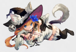 Rule 34 | 1girl, animal ears, black thighhighs, blue eyes, breasts, cleavage, closed mouth, criss-cross halter, dress, elbow gloves, full body, gloves, grey background, hair between eyes, halloween, halterneck, hat, kawasumi (japonica), large breasts, long hair, looking at viewer, lying, on side, orange hair, original, simple background, smile, solo, strapless, strapless dress, tail, thighhighs, tsurime, tube dress, white dress, white gloves, witch, witch hat