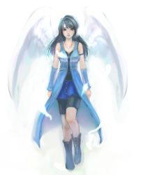 Rule 34 | 1990s (style), 1girl, angel wings, arm warmers, bike shorts, black hair, boots, brown eyes, detached sleeves, feathers, female focus, final fantasy, final fantasy viii, full body, gradient background, habbitrot, highres, jewelry, long hair, miniskirt, necklace, retro artstyle, rinoa heartilly, shorts, skirt, solo, white background, wings