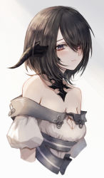 Rule 34 | 1girl, au ra, warrior of light (ff14), bare shoulders, black hair, breasts, cleavage, collarbone, commentary, cropped torso, dragon horns, dress, final fantasy, final fantasy xiv, flower knot, grey background, highres, horns, looking down, maho moco, off-shoulder dress, off shoulder, purple eyes, scales, short hair, simple background, solo, swept bangs, upper body, white dress