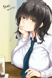 Rule 34 | 1girl, black hair, blue necktie, breasts, collared shirt, commentary request, commission, cup, drinking glass, drinking straw, drinking straw in mouth, hand on own chin, hatakenaka (kamagabuchi), highres, large breasts, looking at viewer, medium hair, necktie, original, school uniform, shirt, skeb commission, solo, white shirt, yellow eyes