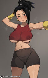 Rule 34 | 1girl, armpits, ass, bare shoulders, black eyes, black hair, blush, bob (bobtheneet), bracelet, breasts, brown shorts, cameltoe, cleft of venus, collarbone, covered erect nipples, curvy, dragon ball, dragon ball super, earrings, gold bracelet, grey background, hand on own head, hand out of frame, highres, jewelry, kale (dragon ball), large breasts, long hair, looking at viewer, midriff, navel, ponytail, red shirt, shirt, shorts, simple background, solo, steam, steaming body, sweat, tank top, thighs