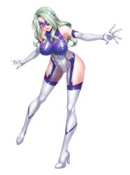 Rule 34 | 1girl, breasts, curvy, elbow gloves, female focus, full body, gloves, green hair, hair over one eye, highres, impossible clothes, impossible leotard, kagami hirotaka, large breasts, leotard, lilith-soft, lips, long hair, looking at viewer, mask, parted lips, shiny clothes, shiny skin, simple background, skin tight, skirt, sleeveless, smile, snake lady, solo, taimanin (series), taimanin asagi zero, taimanin rpgx, thighhighs, thighs, yellow eyes