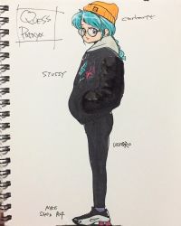 Rule 34 | 1girl, alternate costume, alternate hairstyle, blue hair, braid, carhartt, char&#039;s counterattack, character name, from side, glasses, gundam, hands in pockets, highres, k1y054, looking at viewer, marker (medium), nike (company), photo (medium), quess paraya, ranguage, shoes, sneakers, solo, stussy (brand), traditional media, uniqlo, yellow eyes
