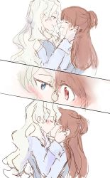 Rule 34 | blonde hair, blue eyes, blush, brown hair, comic, couple, diana cavendish, eliln, closed eyes, happy, highres, kagari atsuko, kiss, little witch academia, long hair, looking at another, red eyes, sketch, smile, wavy hair, white background, yuri