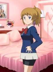 Rule 34 | 10s, 1girl, bed, bed sheet, blue eyes, bow, breasts, brown hair, closed mouth, female focus, gundam, gundam build fighters, gundam build fighters try, hand on own hip, hoshino fumina, indoors, long hair, long sleeves, looking at viewer, pillow, ponytail, shorts, small breasts, smile, solo, standing