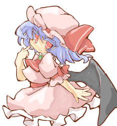 Rule 34 | 1girl, bat wings, blue hair, closed mouth, colored eyelashes, commentary request, dress, frilled dress, frills, hand up, hat, hat ribbon, medium hair, mob cap, pink dress, pink hat, puffy short sleeves, puffy sleeves, red eyes, red ribbon, remilia scarlet, ribbon, short sleeves, simple background, smile, solo, touhou, white background, wings, yamasina009