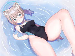Rule 34 | 1girl, animal ear fluff, animal ears, black one-piece swimsuit, blue archive, blue eyes, commentary request, competition swimsuit, cross hair ornament, extra ears, feet out of frame, grey hair, hair ornament, halo, highres, kannagi (fate55), looking at viewer, lying, medium hair, mismatched pupils, multicolored clothes, multicolored swimsuit, one-piece swimsuit, partially submerged, shiroko (blue archive), shiroko (swimsuit) (blue archive), solo, swimsuit, thighs, water