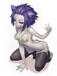 Rule 34 | &gt;:), 1girl, android, animal ears, bikini, black sclera, black thighhighs, breasts, cat ears, colored sclera, colored skin, fang, forehead, fumio (rsqkr), grey skin, grin, kneeling, pale skin, phantasy star, phantasy star online 2, purple hair, red eyes, sandals, short hair, side-tie bikini bottom, simple background, smile, solo, swimsuit, thighhighs, v-shaped eyebrows, white background