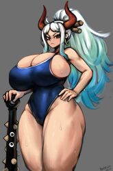 Rule 34 | 1girl, absurdres, blue one-piece swimsuit, breasts, bursting breasts, covered navel, cowboy shot, earrings, female focus, gipehtyboo, gradient background, green hair, half-closed eyes, hand on own hip, highres, holding, holding weapon, horns, huge breasts, jewelry, legs, looking at viewer, one-piece swimsuit, one piece, red eyes, red horns, shiny skin, sideboob, skin tight, skindentation, solo, spikes, standing, sweat, swimsuit, thick thighs, thighs, weapon, white hair, wide hips, yamato (one piece)