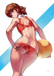 Rule 34 | 1girl, absurdres, adjusting clothes, adjusting swimsuit, ass, back, back cutout, ball, beach volleyball, bikini, brown eyes, brown hair, butt crack, closed mouth, clothing cutout, commentary request, cowboy shot, from behind, frown, girls und panzer, halterneck, highres, holding, holding ball, kawanishi shinobu, looking at viewer, looking back, lowleg, lowleg bikini, muscular, muscular female, red bikini, sasaki tatsuya, short hair, short ponytail, solo, standing, sweat, swept bangs, swimsuit, thighs, volleyball, volleyball (object)