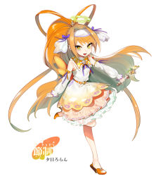 Rule 34 | + +, 1girl, :d, absurdres, bad id, bad pixiv id, bare shoulders, bow, bowtie, braid, detached sleeves, halo, high heels, highres, holding, long hair, looking at viewer, magical girl, ohisashiburi, open mouth, orange footwear, orange hair, original, ponytail, simple background, smile, solo, standing, standing on one leg, symbol in eye, very long hair, wand, white background, yellow eyes