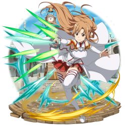 Rule 34 | 1girl, armor, asuna (sao), boots, breastplate, brown eyes, brown hair, detached sleeves, floating hair, full body, highres, holding, holding sword, holding weapon, leg up, long hair, long sleeves, miniskirt, outstretched arm, pleated skirt, red skirt, skirt, smile, solo, standing, sword, sword art online, thigh boots, thighhighs, transparent background, very long hair, weapon, white footwear, white sleeves, zettai ryouiki