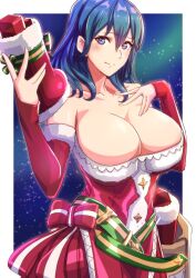 Rule 34 | 1girl, absurdres, bare shoulders, blue eyes, blue hair, breasts, bursting breasts, byleth (female) (fire emblem), byleth (fire emblem), cecilia (fire emblem), cecilia (winter) (fire emblem), cecilia (winter) (fire emblem) (cosplay), christmas, christmas ornaments, christmas present, christmas star, christmas stocking, cleavage, closed mouth, cosplay, dress, elbow gloves, fire emblem, fire emblem: three houses, fire emblem heroes, fur-trimmed dress, fur trim, gift, gloves, hair between eyes, hand on own chest, highres, holding, huge breasts, long hair, looking at viewer, mature female, medium hair, nintendo, red dress, red gloves, santa dress, simple background, sky, smile, solo, star (sky), starry sky, to (tototo tk)