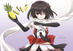 Rule 34 | 1girl, black gloves, black hair, black neckerchief, black skirt, brown eyes, buttons, dated, double-breasted, elbow gloves, food, fruit, glint, gloves, gradient background, grey background, holding, holding food, holding fruit, kantai collection, kitagawa mikio, knife, looking at viewer, neckerchief, pineapple, pleated skirt, scarf, sendai (kancolle), sendai kai ni (kancolle), short hair, skirt, solo, twitter username, two side up, upper body, white background, white scarf