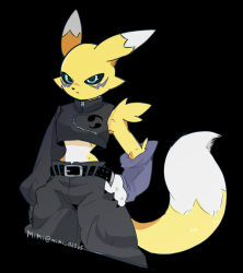 belt black_sclera blue_eyes colored_sclera digimon digimon_(creature) facial_mark fluffy fox_girl fox_tail furry highres mimi_02525 pants renamon serious tail