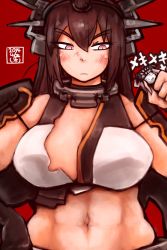 Rule 34 | 10s, 2girls, abs, abyssal ship, blush, breasts, brown hair, elbow gloves, gloves, hand on own hip, headgear, highres, holding, kantai collection, large breasts, long hair, mecha musume, midriff, mini person, minigirl, multiple girls, nagato (kancolle), navel, pink eyes, san mamiya, shoulder pads, solo focus, toned, torn clothes, wo-class aircraft carrier