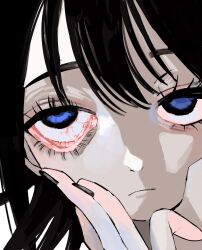 Rule 34 | 1girl, black hair, black nails, blue eyes, close-up, closed mouth, eyelashes, eyelid pull, hand on own cheek, hand on own face, highres, looking at viewer, nail polish, original, portrait, rolling eyes, solo, urokogaran