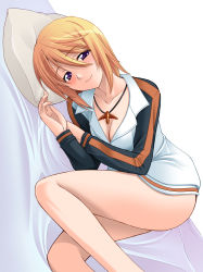 Rule 34 | 1girl, bed sheet, blonde hair, blush, bottomless, breasts, charlotte dunois, cleavage, hair between eyes, hozumi takashi, infinite stratos, jewelry, long hair, looking at viewer, lying, medium breasts, necklace, on side, pillow, purple eyes, simple background, smile, solo, sweater, white background
