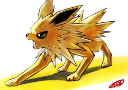 Rule 34 | commentary request, creatures (company), full body, game freak, gen 1 pokemon, jolteon, kaosu (kaosu0905), looking to the side, nintendo, no humans, open mouth, pokemon, pokemon (creature), signature, solo, standing, toes, tongue, white background