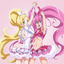 Rule 34 | 10s, 2girls, armpits, blonde hair, blue eyes, bow, choker, cure melody, cure rhythm, green eyes, holding hands, houjou hibiki, long hair, looking back, magical girl, makacoon, midriff, minamino kanade, multiple girls, pink bow, pink hair, ponytail, precure, suite precure, twintails, white choker