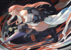 Rule 34 | 1girl, black footwear, black gloves, black thighhighs, blue eyes, boots, breasts, character name, china dress, chinese clothes, commentary request, dress, elbow gloves, fighting stance, foreshortening, gintama, gloves, highres, holding, holding umbrella, kagura (gintama), knee boots, long hair, oil-paper umbrella, aged up, pink hair, profile, side slit, sleeveless, solo, sophie usui, thighhighs, umbrella, white dress