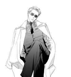 Rule 34 | 1boy, expressionless, feet out of frame, formal, greyscale, hands in pockets, highres, jacket, unworn jacket, jujutsu kaisen, lips, looking at viewer, ma2, male focus, monochrome, nanami kento, pants, pinstripe pattern, pinstripe shirt, shirt, sitting, solo, striped, suit, sunglasses, vest