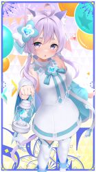 Rule 34 | 1girl, absurdres, ahoge, animal ear fluff, animal ears, argentum 2o, blue border, blush, border, cat ears, cat girl, cat tail, check commentary, commentary request, cowboy shot, detached sleeves, dress, fang, hair ornament, hairpin, highres, holding, holding lantern, lantern, light purple hair, looking at viewer, maimai (game), medium hair, outside border, purple eyes, salt (maimai), skin fang, solo, tail, thighhighs, turtleneck, turtleneck dress, white dress, white footwear, white thighhighs