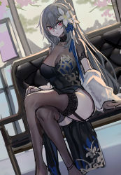 1girl, azur lane, bangs, breasts, china dress, chinese clothes, cleavage, couch, dress, echj, flower, gloves, grey hair, hair flower, hair ornament, highres, holding, large breasts, long hair, mole, mole under eye, official alternate costume, red eyes, saint-louis (alluring administrator) (azur lane), saint-louis (azur lane), sitting, solo, thighhighs