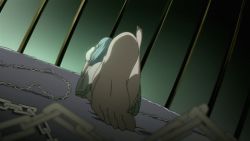 Rule 34 | 10s, 1girl, animated, animated gif, barefoot, blue hair, cage, chain, dress, dutch angle, feet, indoors, kita no miko, lowres, lying, on stomach, sakana (star driver), soles, solo, star driver, toes