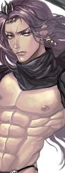 Rule 34 | 1boy, abs, bare pectorals, earrings, headband, highres, horns, jewelry, jojo no kimyou na bouken, kars (jojo), long hair, male focus, manly, md5 mismatch, muscular, pectorals, purple hair, red eyes, resized, resolution mismatch, scarf, solo, source smaller, supocon, topless male, upper body, upscaled
