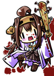 Rule 34 | 10s, 1girl, ahoge, baseball bat, blood, blood on face, bloody weapon, blush, boots, brown hair, chibi, detached sleeves, double bun, full body, hairband, headgear, holding, holding weapon, japanese clothes, kantai collection, kongou (kancolle), leg up, long hair, nail, nail bat, nontraditional miko, open mouth, ribbon-trimmed sleeves, ribbon trim, senomoto hisashi, skirt, solo, standing, standing on one leg, thigh boots, thighhighs, weapon, wide sleeves, | |