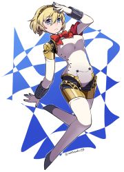 Rule 34 | 1girl, aegis (persona), android, arm up, armband, blonde hair, blue eyes, bow, bowtie, collar, do m kaeru, hair between eyes, hair intakes, hand up, leg up, persona, persona 3, red armband, red bow, red neckwear, s.e.e.s, short hair, simple background, solo focus, spread legs, twitter username, v arms, v legs, watermark, white background, white collar