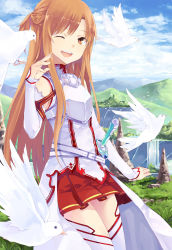 Rule 34 | 10s, 1girl, ;d, armor, asuna (sao), bare shoulders, bird, breastplate, brown eyes, brown hair, cloud, day, detached sleeves, hao (patinnko), highres, long hair, mountain, one eye closed, open mouth, skirt, sky, smile, solo, sword, sword art online, thighhighs, water, weapon, white thighhighs, wink