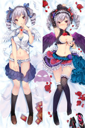 Rule 34 | 10s, 1girl, :q, angel and devil, blush, breasts, cleavage, clothes pull, collar, dakimakura (medium), detached sleeves, drill hair, dual persona, duji amo, feathered wings, feathers, finger to mouth, flower, full body, gem, hair ribbon, hairband, heart, high heels, idolmaster, idolmaster cinderella girls, jewelry, kanzaki ranko, kneehighs, loafers, locket, lying, medium breasts, multiple views, navel, nipples, on back, panties, pendant, petals, ribbon, ring, rose, rose petals, school uniform, shoes, unworn shoes, silver hair, single sleeve, skirt, skirt pull, socks, strappy heels, string, string of fate, thighhighs, tongue, tongue out, twin drills, underwear, unzipped, usagihime, wings, wristband