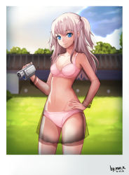 Rule 34 | 10s, 1girl, blue eyes, bra, camcorder, charlotte (anime), cowboy shot, dated, hand on own hip, long hair, panties, pink bra, pink panties, see-through, silver hair, skirt, sl86, smile, solo, tomori nao, two side up, underwear, video camera, x-ray vision