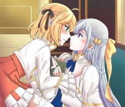 Rule 34 | 2girls, anisphia wynn palettia, black ribbon, blonde hair, blue bow, blue bowtie, blush, book, bow, bowtie, chinese commentary, closed mouth, coat, commentary request, euphyllia magenta, eye contact, green eyes, grey hair, hair ribbon, hands on another&#039;s shoulders, highres, holding, holding book, indoors, jacket, long hair, long sleeves, looking at another, medium hair, multiple girls, noses touching, on chair, purple eyes, qqwan120, red skirt, ribbon, sitting, sitting on lap, sitting on person, skirt, smile, tensei oujo to tensai reijou no mahou kakumei, white coat, white jacket, yellow ribbon, yuri