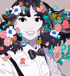 Rule 34 | 1girl, album cover redraw, artist name, black bow, black bowtie, black eyes, black hair, bow, bowtie, collared shirt, derivative work, dress shirt, flower, grey background, highres, leaf, long hair, looking at viewer, meyoco, pink flower, real life, shirt, smile, solo, sparkle, suspenders, sweetest music, takeuchi mariya, upper body, white flower