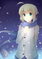 Rule 34 | 1girl, ahoge, artoria pendragon (all), artoria pendragon (fate), blonde hair, blush, coat, fate/stay night, fate (series), green eyes, hair ribbon, highres, kwkunai, long sleeves, looking at viewer, official alternate costume, ribbon, saber (fate), scarf, short hair, sidelocks, skirt, solo, wavy mouth
