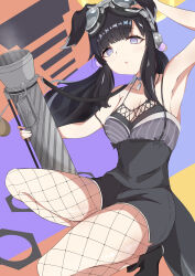 Rule 34 | 1girl, absurdres, animal ears, arm up, armpits, black footwear, black hair, black shorts, blue archive, breasts, cleavage, collar, dog ears, dog girl, dog tags, dog tail, eyewear on head, fishnet pantyhose, fishnets, goggles, goggles on head, halo, hibiki (blue archive), highres, holding, holding rocket launcher, holding weapon, kana (wucz8478), looking at viewer, medium breasts, pantyhose, purple eyes, rocket launcher, shorts, solo, tail, weapon, yellow halo