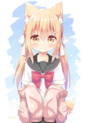 Rule 34 | 1girl, animal ear fluff, animal ears, black sailor collar, black skirt, blonde hair, blush, bow, brown eyes, cardigan, closed mouth, commentary request, hair between eyes, hair ornament, hairclip, highres, long hair, long sleeves, looking at viewer, miike-chan, nakkar, off shoulder, open cardigan, open clothes, original, pink cardigan, pleated skirt, red bow, sailor collar, school uniform, serafuku, shirt, short sleeves, skirt, sleeves past fingers, sleeves past wrists, smile, solo, tail, twintails, twitter username, very long hair, white shirt