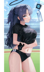 Rule 34 | 1girl, absurdres, black buruma, black hair, black shirt, blue archive, blush, bottle, bra visible through clothes, breasts, buruma, cowboy shot, day, dripping, drone, gym uniform, halo, highres, jenil, large breasts, long hair, looking at viewer, medium breasts, navel, official alternate costume, open mouth, ponytail, purple hair, shirt, short sleeves, solo, stadium, sweat, thighs, water bottle, wet, wet clothes, wringing clothes, yuuka (blue archive), yuuka (track) (blue archive)