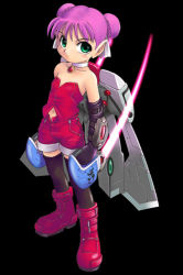 Rule 34 | 1girl, aged down, bare shoulders, black background, black thighhighs, boots, choker, double bun, energy sword, expressionless, gloves, green eyes, hair bun, hair ribbon, hunewearl, knee boots, lightsaber, looking at viewer, mecha musume, n3o2, navel, phantasy star, phantasy star online, pink hair, pointy ears, purple hair, ribbon, shorts, sleeveless, solo, standing, sword, thighhighs, weapon, wings