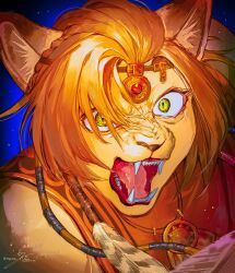 1girl absurdres angry animal_ears blue_background brown_hair circlet colored_skin constricted_pupils fangs final_fantasy final_fantasy_xiv furious furry furry_female hair_tubes highres hrothgar lion_ears lion_girl looking_at_viewer magushi medium_hair open_mouth portrait signature slit_pupils solo wuk_lamat yellow_eyes yellow_skin